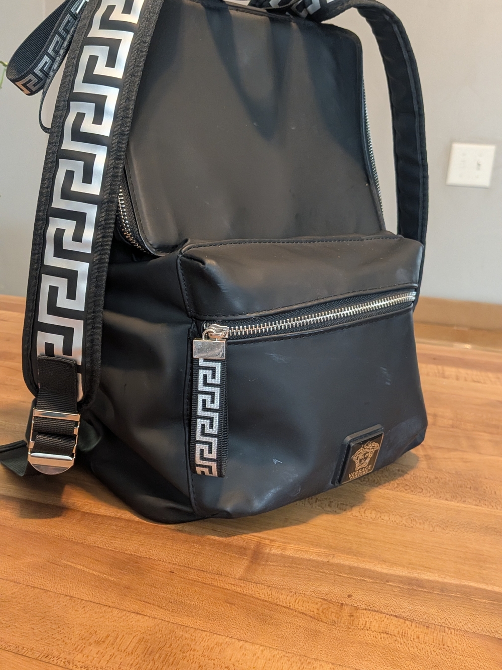 Versace Parfums Black Logo Backpack & Greek Key Straps - Designer Travel Bag